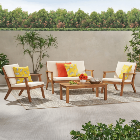 Temecula Outdoor Acacia Wood 4-Seater Chat Set_Loveseat&Coffee Table&2 Club Chairs - Brown Patina Finish + Cream Cushion