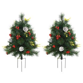 22.5in Christmas Tree 2-Pack Outdoor Pre-Lit Artificial Pine Cordless with 24 Warm White Lights and Stakes