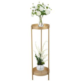 Modern Folding Metal 2-Tier Plant Stand Potted Plant Holder Shelf with 2 Round Trays Indoor Outdoor, Versatile, Golden