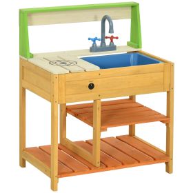 Outsunny Mud Kitchen Outdoor Kitchen Playset for Kids Wooden with Realistic Play Kitchen Toys, Faucet and Sink, Storage Shelves